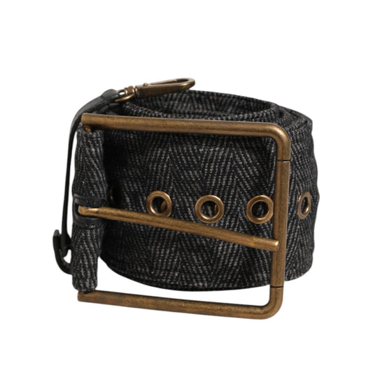 Dolce & Gabbana Grey Fabric Logo Plate Metal Brass Buckle Belt with herringbone design and antique brass hardware.