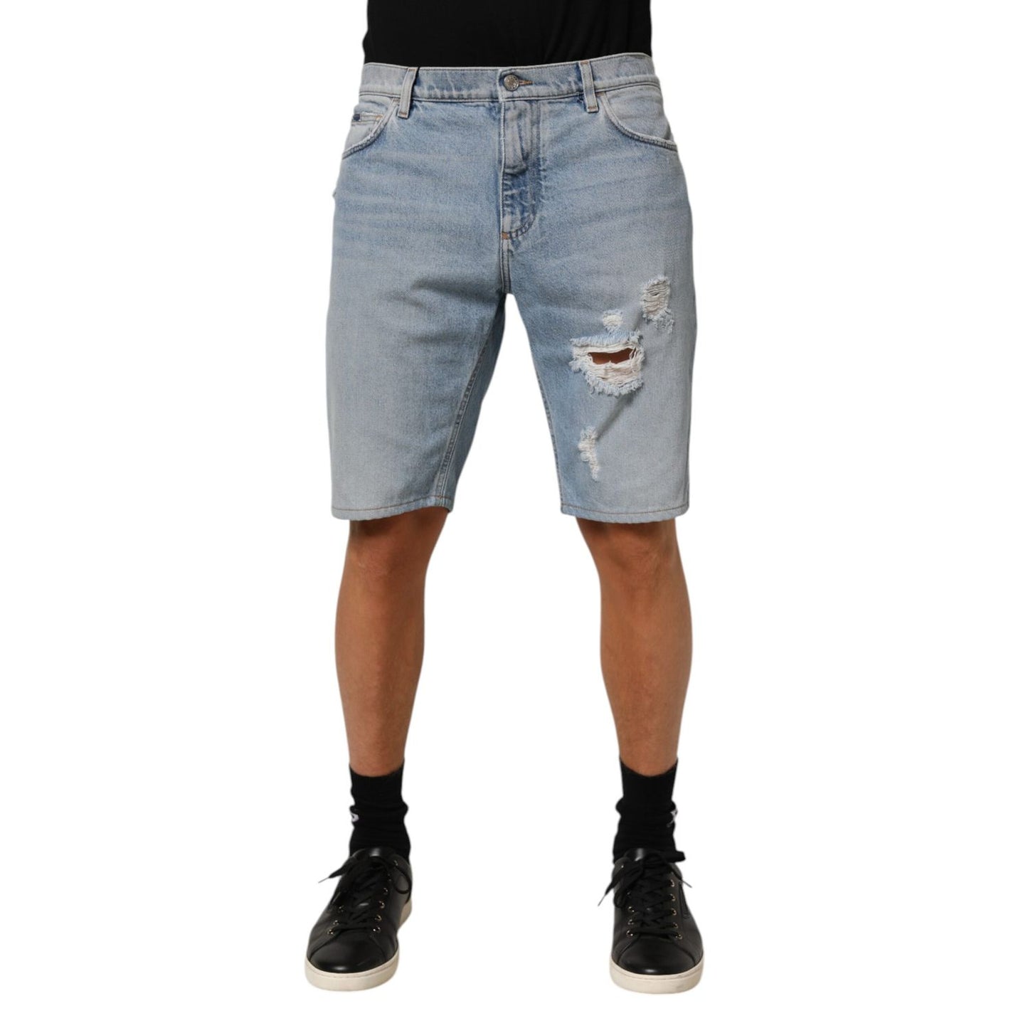 Dolce & Gabbana Blue Cotton Distressed Denim Bermuda  Shorts
