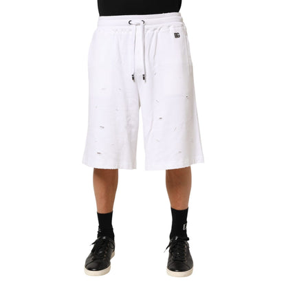 Dolce & Gabbana White Cotton Ripped Bermuda Sweatpants Shorts