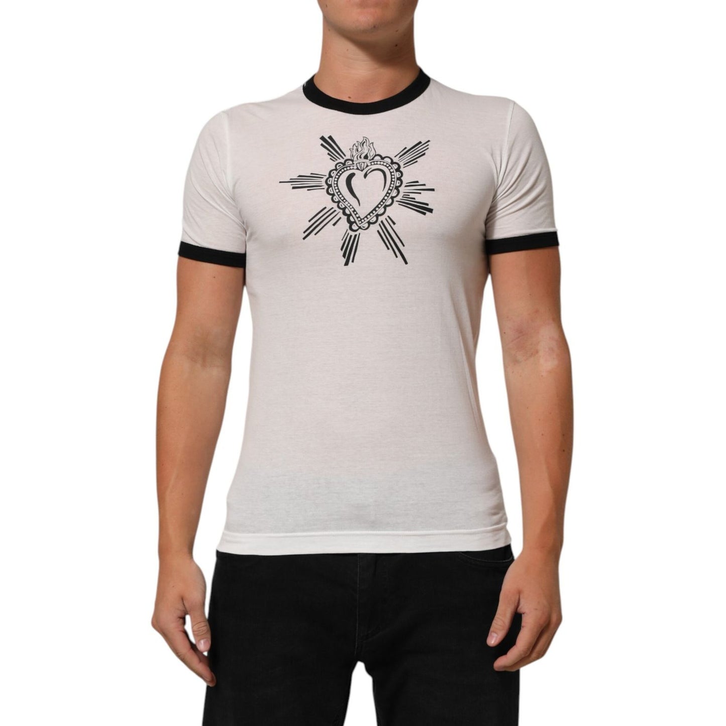 Dolce & Gabbana White Sacred Heart Cotton Crew Neck T-shirt