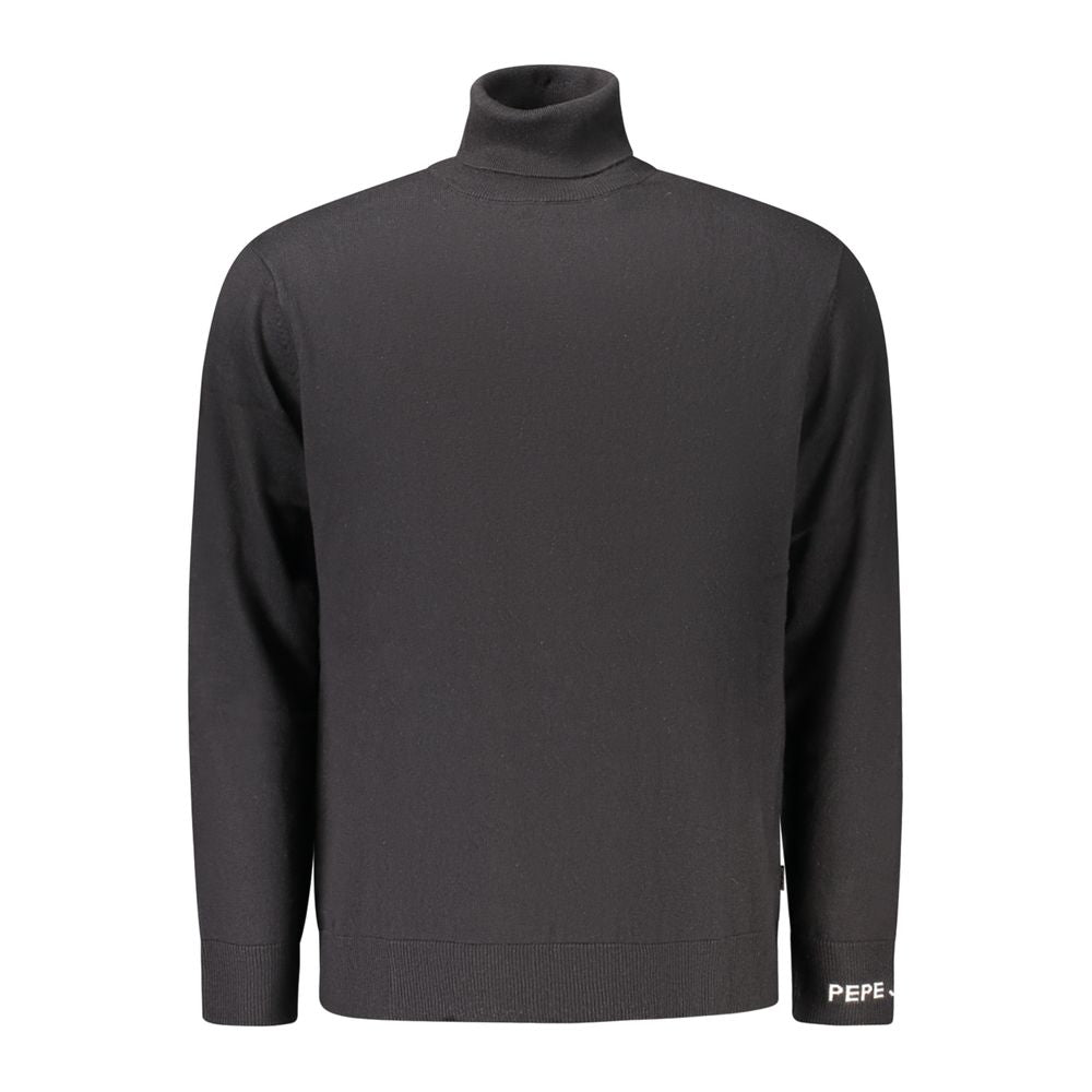 Pepe Jeans Black Cotton Men Sweater showcasing back view with logo detail and high neck design.