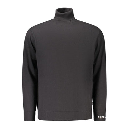Pepe Jeans Black Cotton Men Sweater showcasing back view with logo detail and high neck design.