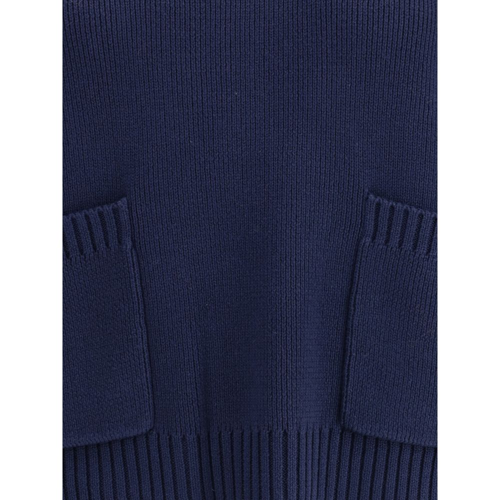 Max Mara Blue Cotton Sweatshirt with ribbed details and patch pockets, perfect for cold weather. Comfortable casual style for AW25 season.