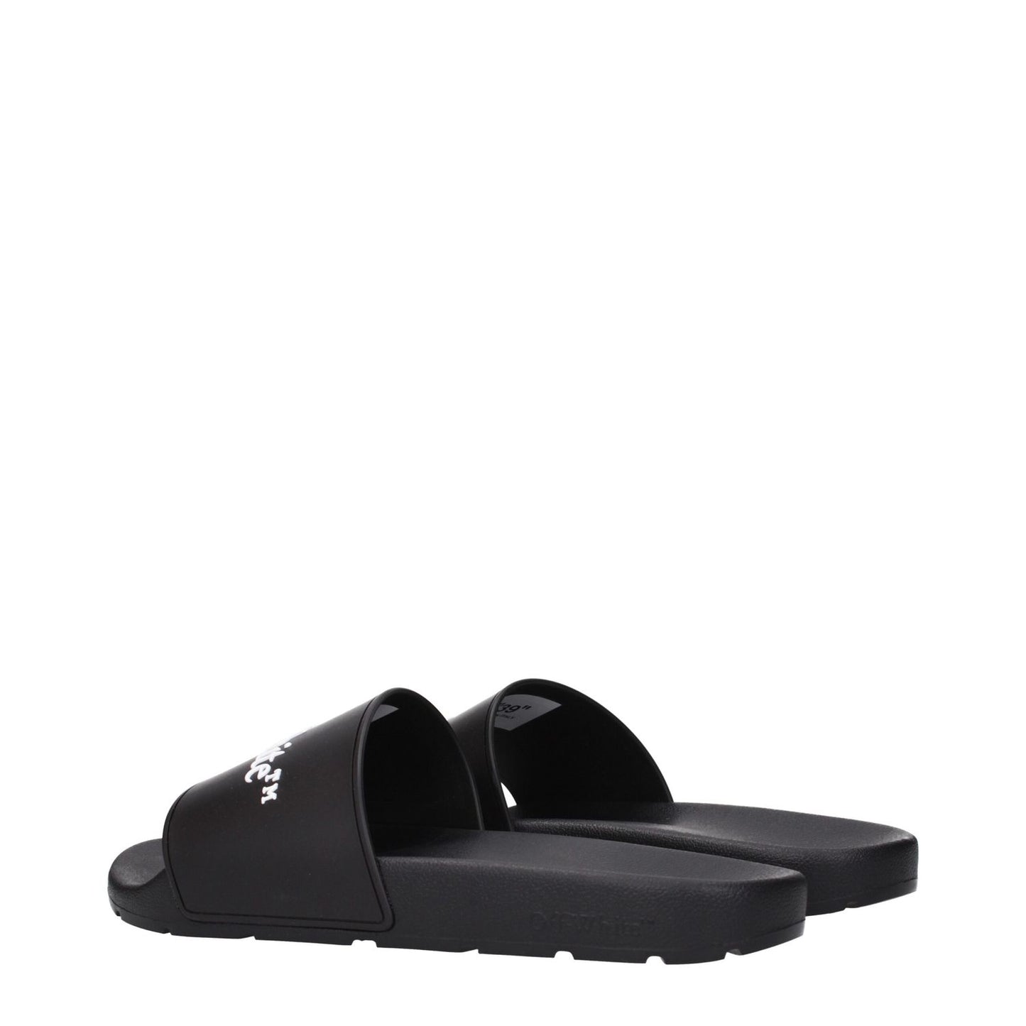 Off-White Black Cotton Slippers with a front logo, MPN OMIU002MAT0011001, code F84958. Designed in black rubber and cotton. Side view.