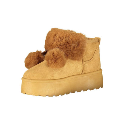 Laura Biagiotti Brown Polyester Women Boot with pom poms and fur collar, featuring a 4 cm wedge heel.