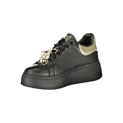 Laura Biagiotti Black Polyester Women Sneaker with platform and applique detailing, perfect for sports, leisure, or urban fashion.