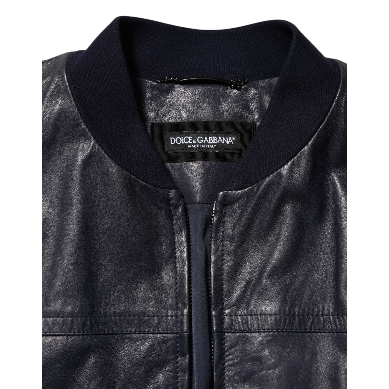 Dolce & Gabbana Blue Leather Full Zip Biker Blouson Jacket
