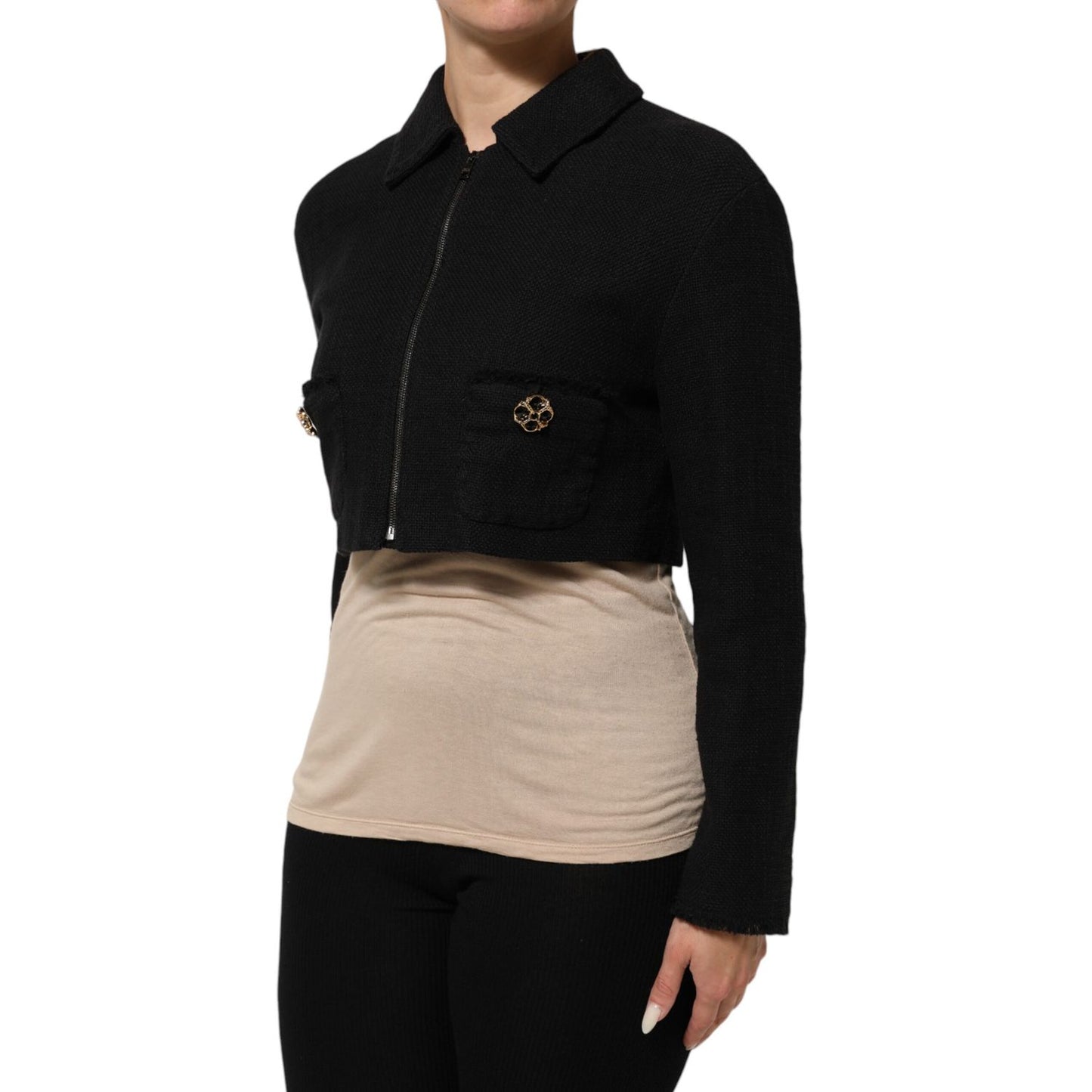 Dolce & Gabbana Black Cotton Full Zip Cropped Coat Jacket