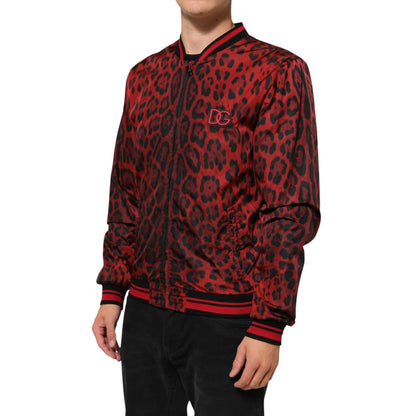 Dolce & Gabbana Red Leopard Print Full Zip Bomber Men Jacket