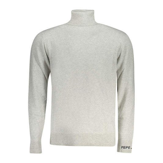 Pepe Jeans Gray Cotton Men Sweater with turtleneck design, featuring iconic embroidery on cozy cotton, wool, and cashmere blend.