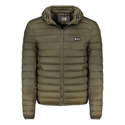 Cavalli Class Green Polyester Men Jacket with removable hood, showcasing elegant design and comfort, perfect for stylish versatility.