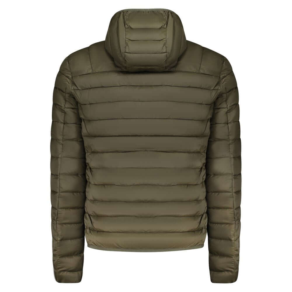 Cavalli Class Green Polyester Men Jacket with removable hood, showcasing sleek design and ideal insulation, rear view