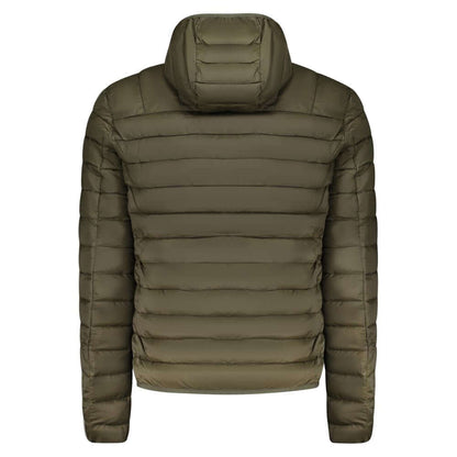 Cavalli Class Green Polyester Men Jacket with removable hood, showcasing sleek design and ideal insulation, rear view