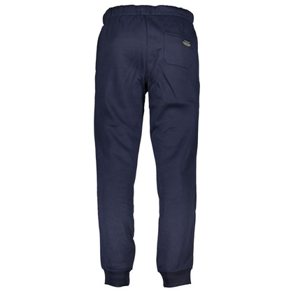 Back view of Gianmarco Venturi Blue Cotton Pant with elastic waist, ankle cuff, and embroidered logo. Sports trousers with fleece material.