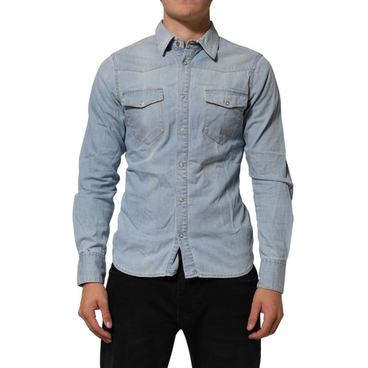 Maison Clochard Blue Denim Collared Long Sleeve Men Shirt