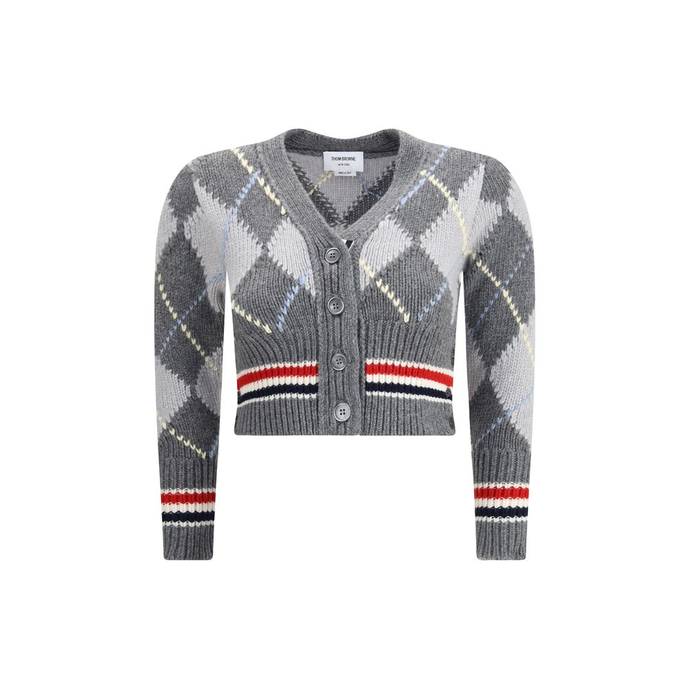 Thom Browne Gray Fleece Wool Cardigan with argyle pattern, V-neck, and button closure, showcasing classic and contemporary design.