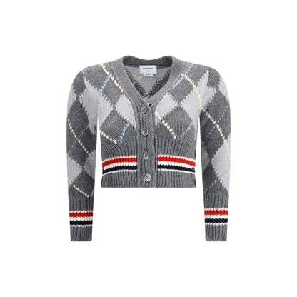 Thom Browne Gray Fleece Wool Cardigan with argyle pattern, V-neck, and button closure, showcasing classic and contemporary design.