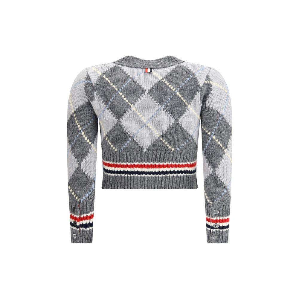 Back view of Thom Browne Gray Fleece Wool Cardigan with signature argyle pattern and cropped design for AW25 collection.