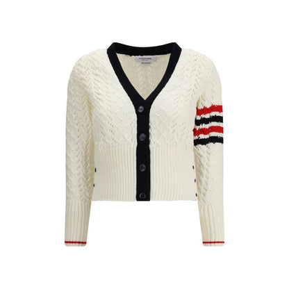 Thom Browne White Fleece Wool Cardigan with V-neck, textured weave, button fastening, and signature stripe accent on the sleeve.