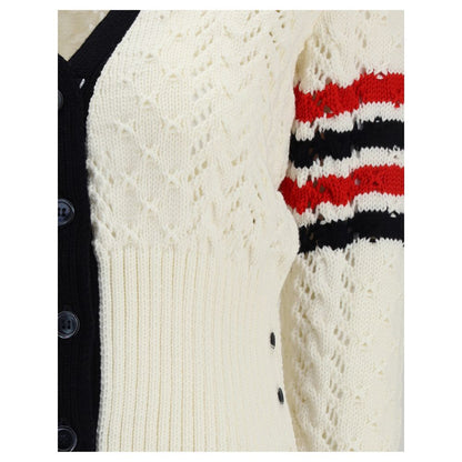Thom Browne White Fleece Wool Cardigan with signature stripe, button fastenings, and openwork stitching detail.