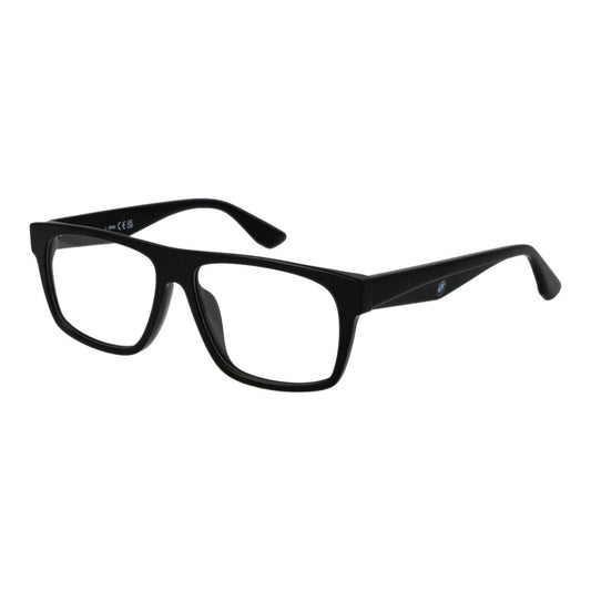 BMW Black Plastic Glasses (Frames) for men, full-rim rectangle style, black plastic material, 55-14-145 size, branded case included.