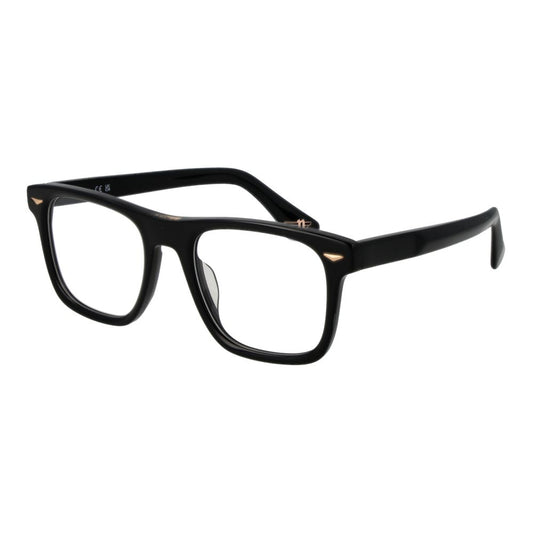 Police Black Cellulose Acetate Glasses (Frames) for men, full-rim rectangle shape with demo lenses, size 52-20-145, black frame.
