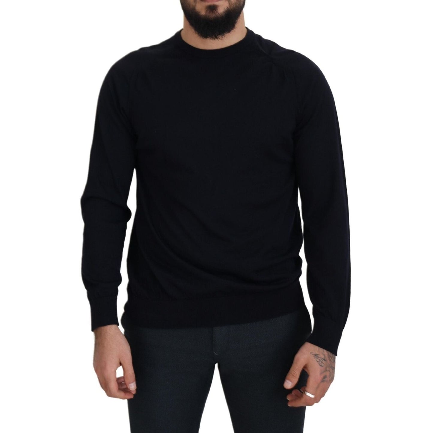 Alpha Studio Black Wool Crewneck Pullover Sweatshirt Sweater
