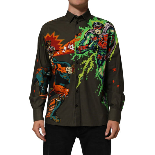 Dolce & Gabbana Brown Superhero Print Button Down Shirt