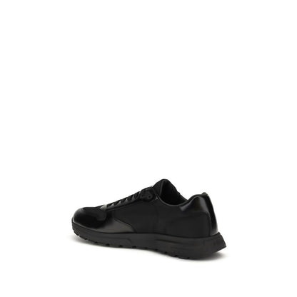 Prada Black Recycled Polyamide Athletic Sneakers, side view of Prax 01 with enameled logo, lightweight sole, and leather footbed.