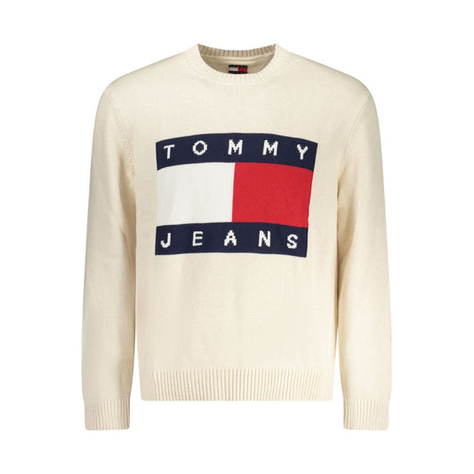 Tommy Hilfiger Beige Cotton Men Sweater with iconic logo embroidery, knit from regenerative cotton for timeless sophistication and comfort.