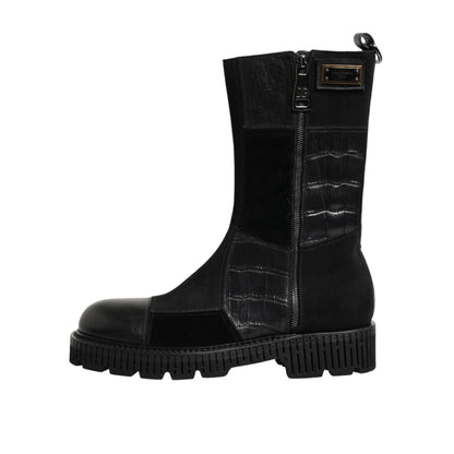 Dolce & Gabbana Black Patchwork Leather Mid Calf Boot  Shoes
