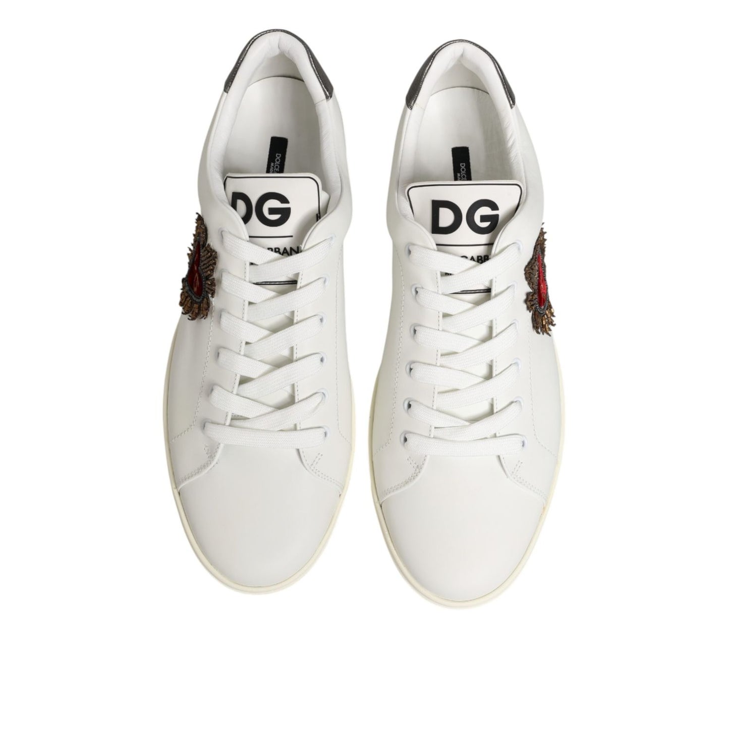 Dolce & Gabbana White Leather Heart Embellished Sneakers Shoes - top view showing clean design and premium craftsmanship.