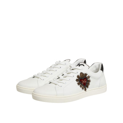 Dolce & Gabbana White Leather Heart Embellished Sneakers Shoes, low-top luxury footwear, featuring elegant heart design and premium craftsmanship.
