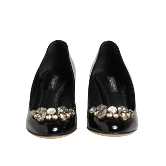 Dolce & Gabbana Black Leather Crystals Heels Pumps Shoes