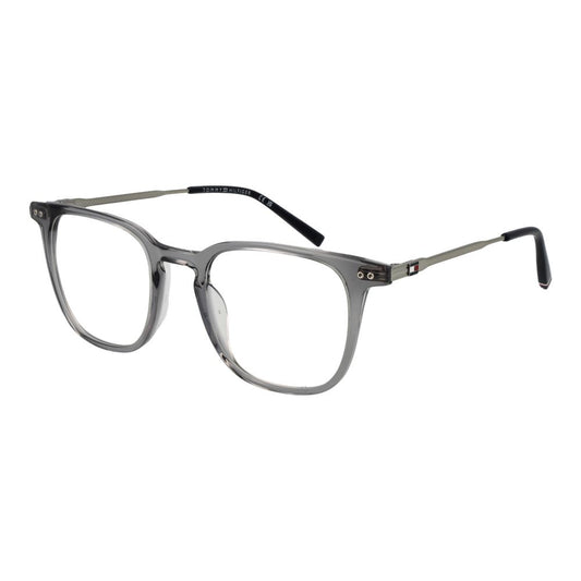 Tommy Hilfiger Gray Acetate Glasses (Frames) for men with full-rim grey acetate frame, demo plastic lenses, classic rectangle style.
