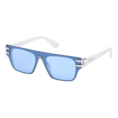 Guess White Resin Sunglasses with blue lenses, model GO00061-0021V, featuring a white resin frame and 145 mm temples.