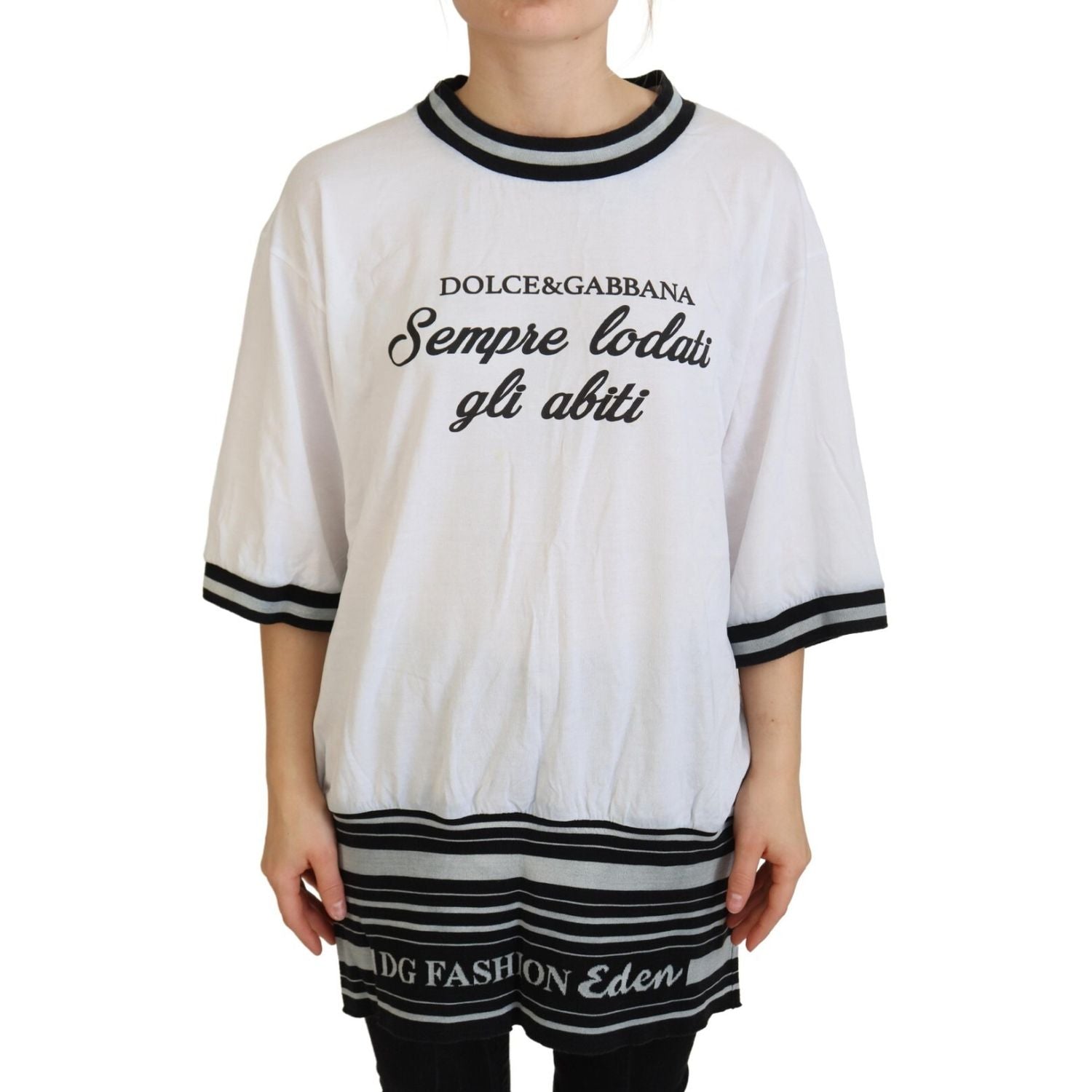Dolce & Gabbana White Printed Short Sleeves Pullover Top