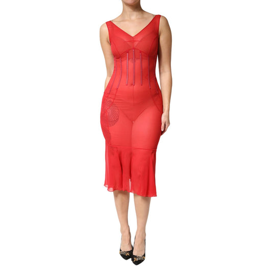Dolce & Gabbana Red Silk Sleeveless Sheath V-neck Midi Dress