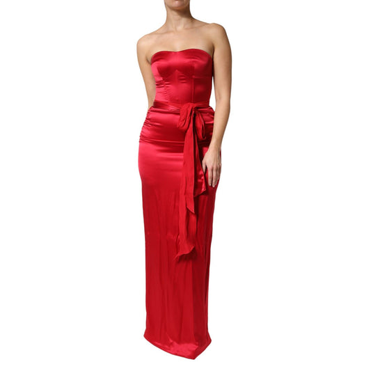 Dolce & Gabbana Red Silk Strapless Sheath Long Gown Dress