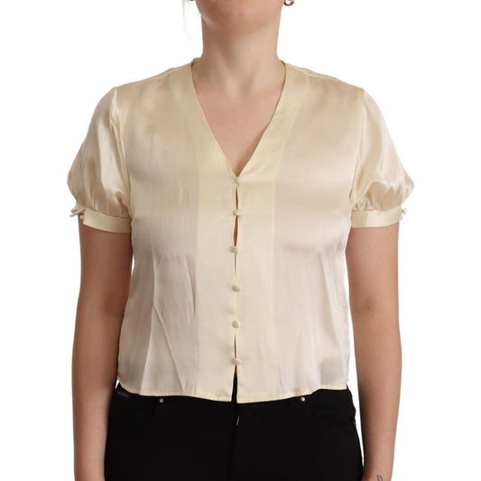 L'Autre Chose Blouse Off White Silk Short Sleeves V-neck Top