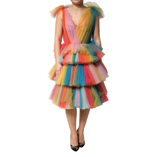 Dolce & Gabbana Multicolor Nylon Tiered Tulle Midi Dress