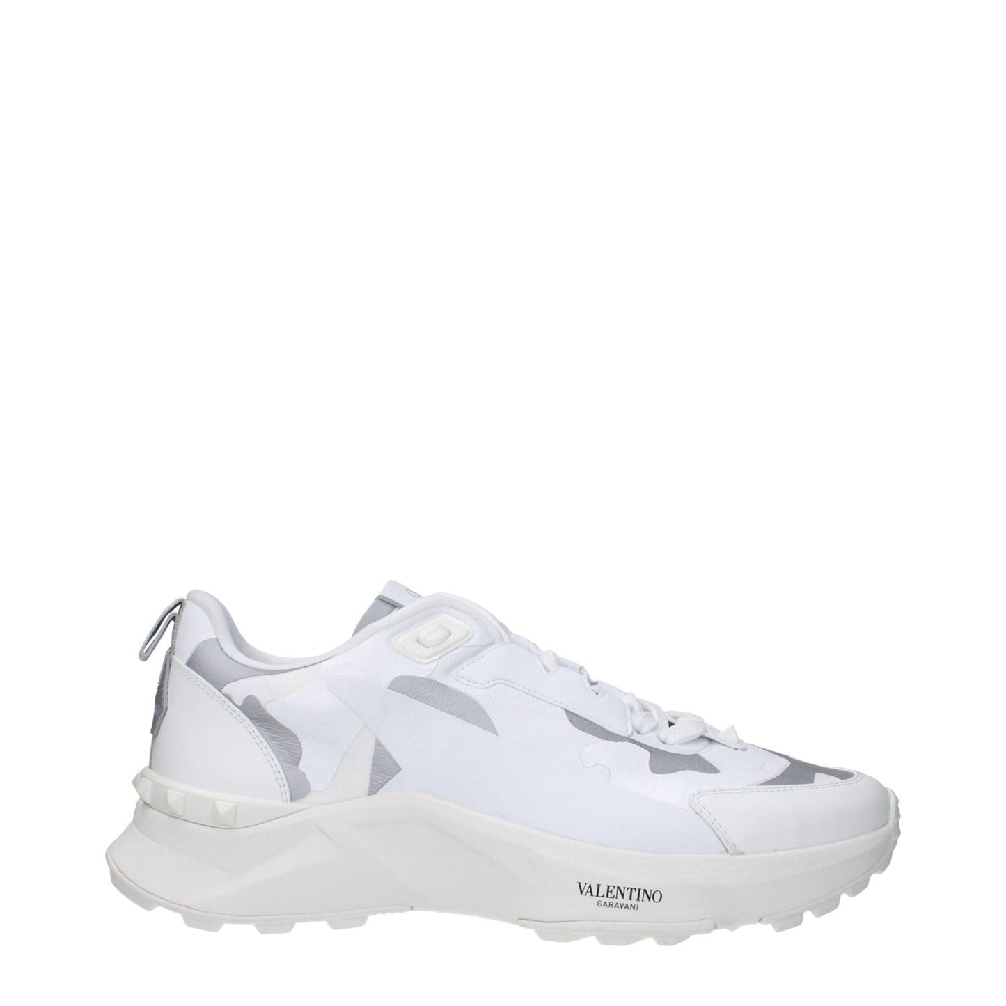 Valentino Garavani White Fabric Athletic Sneakers with light grey accents, low flat heel and lace-up closure, featuring logos on front, side, and back.