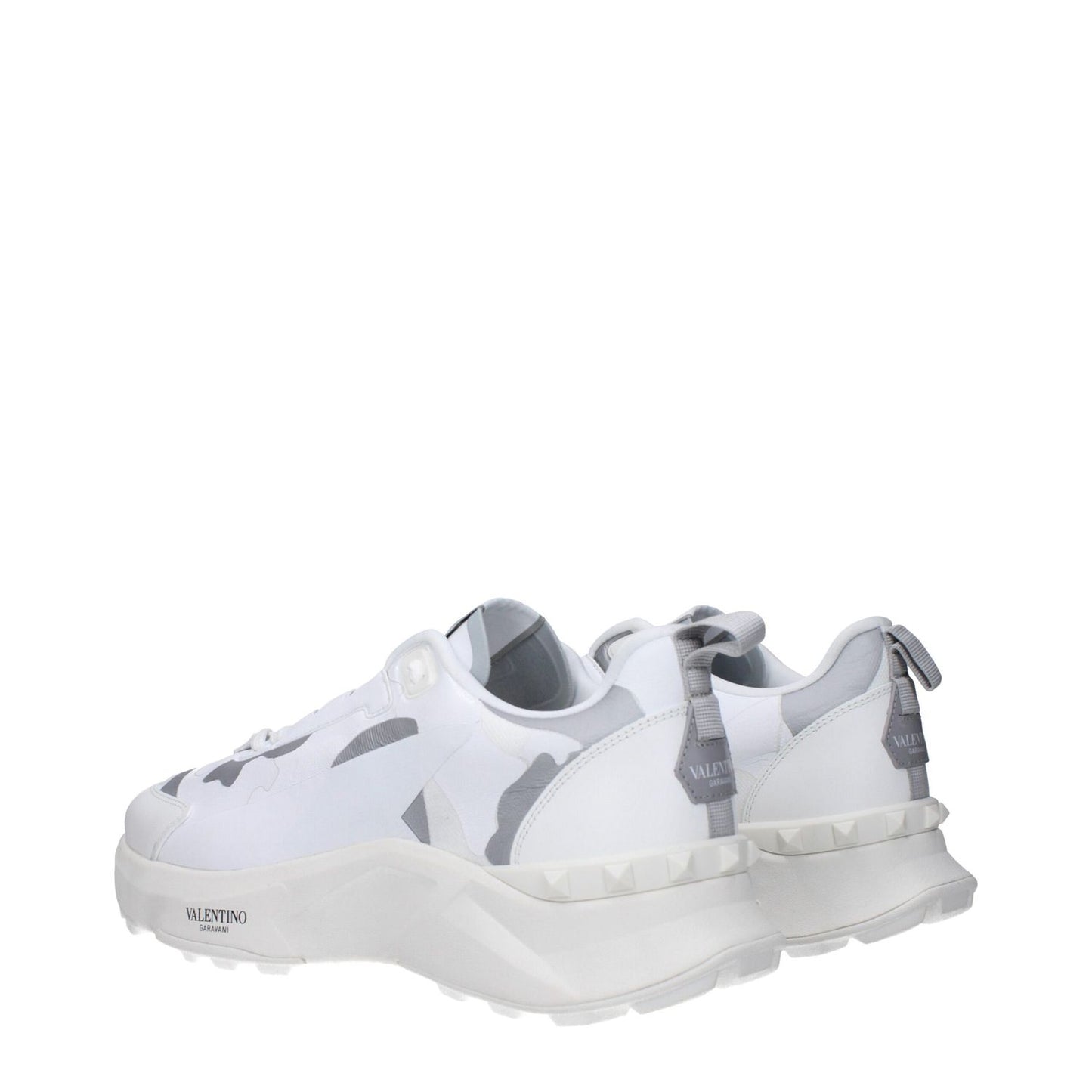Valentino Garavani White Fabric Athletic Sneakers with logos and light grey accents, featuring lace-up design and round toe.