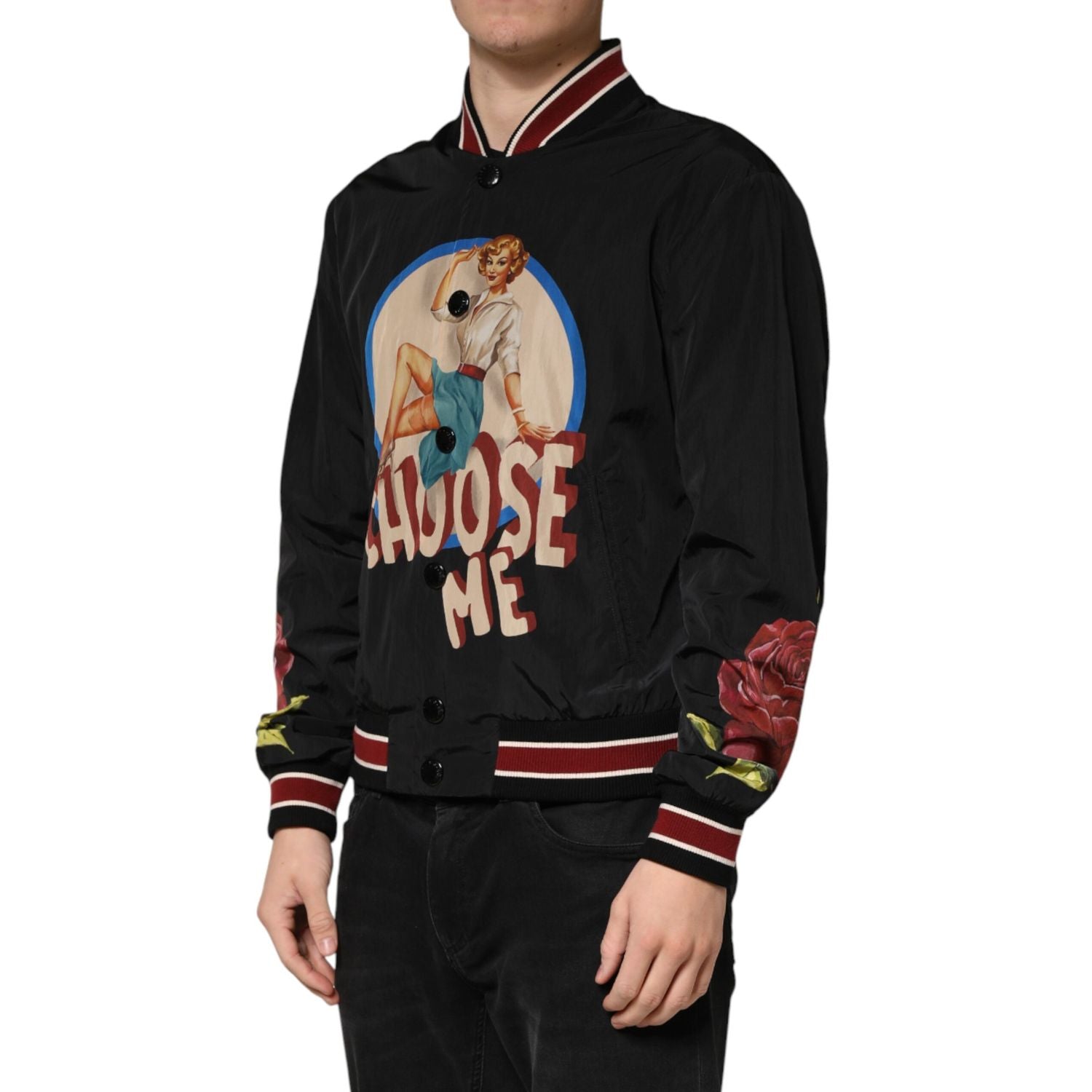 Dolce & Gabbana Black Pin Up Button Down Men Bomber Jacket