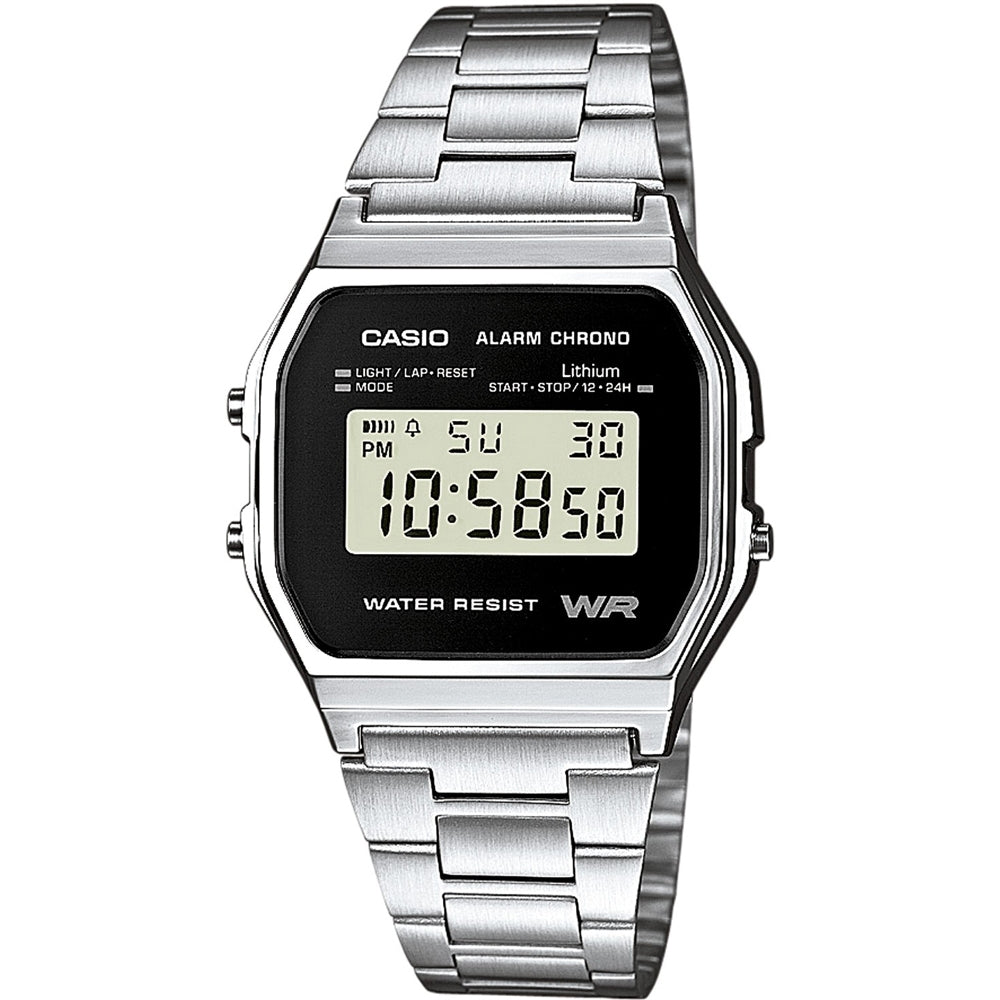 CASIO VINTAGE Mod. ICONIC - BLACK wristwatch with a stainless steel strap, black dial, digital display, and multifunction quartz movement.