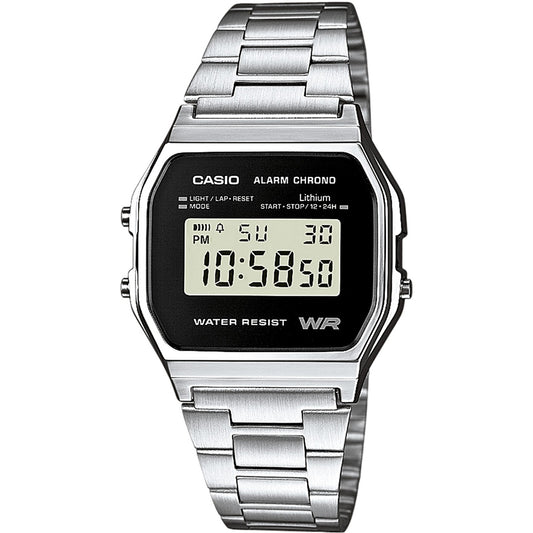 CASIO VINTAGE Mod. ICONIC - BLACK unisex wristwatch with metal strap, resin case, quartz movement, and multifunction dial.