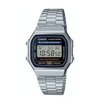 CASIO VINTAGE Mod. ICONIC - CLASSIC SILVER unisex quartz wristwatch with multifunction features, silver metal strap, and 3 ATM water resistance.