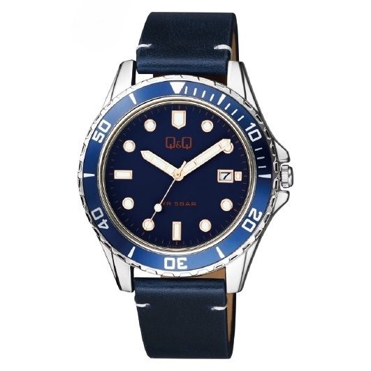 Q&Q Mod. GENT DATE wristwatch with quartz movement, blue dial, metal case, leather strap, 5 ATM water resistance, in an official box.