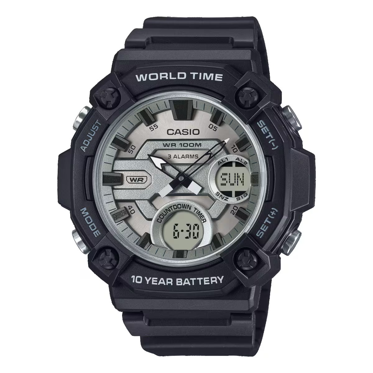 CASIO Mod. OVERSIZE 10 YEAR BATTERY wristwatch with multifunction quartz movement, water resistant 10 ATM, resin case and strap.