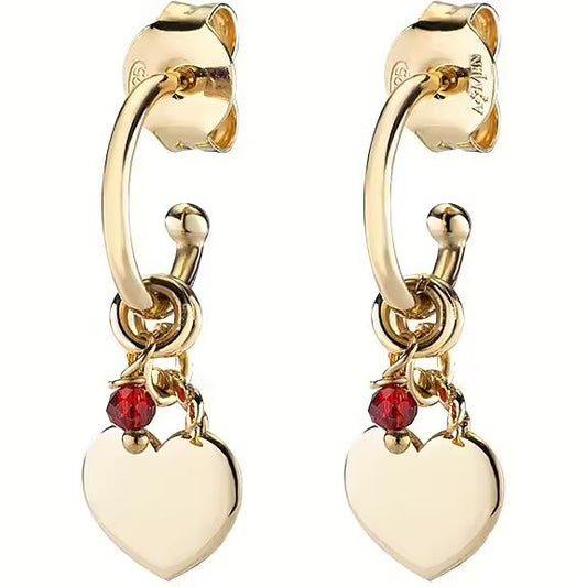 AMEN JEWELRY Mod. ORANCUGR gold earrings with heart pendants and red stone accents